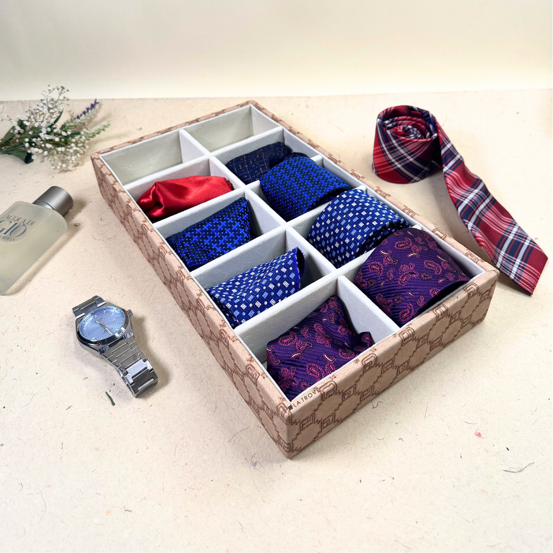 Champagne 10-slot tie and pocket square organizer with leatherette finish